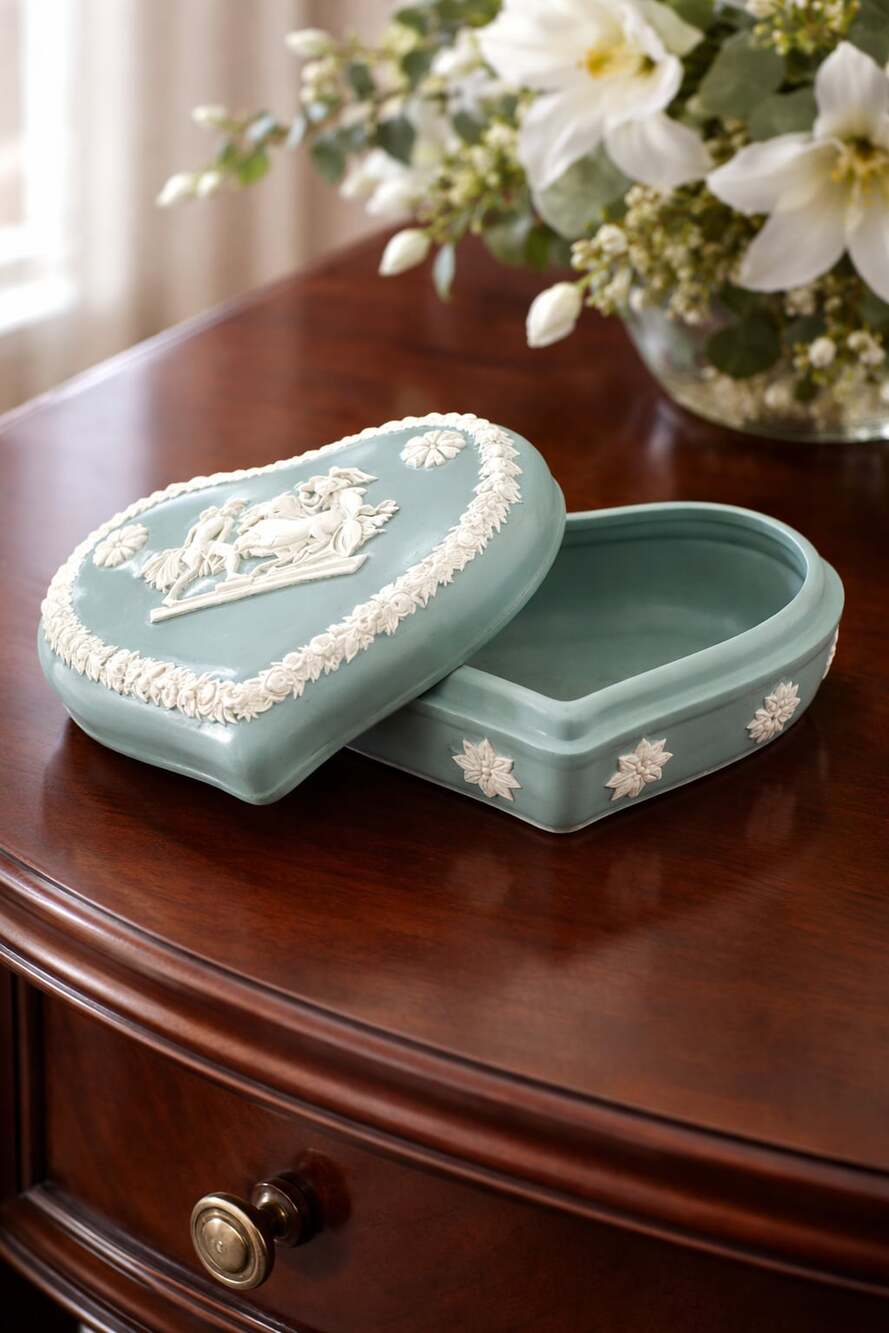 Wedgwood Teal Green Jasperware Heart Shaped Trinket Box with Lid